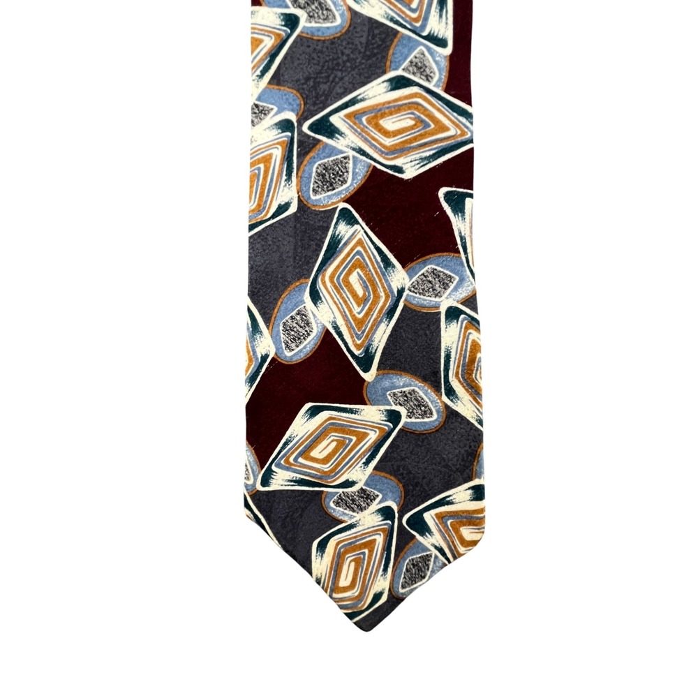 Oscar de la Renta Silk Tie Mens One Size Burgundy Geometric Abstract